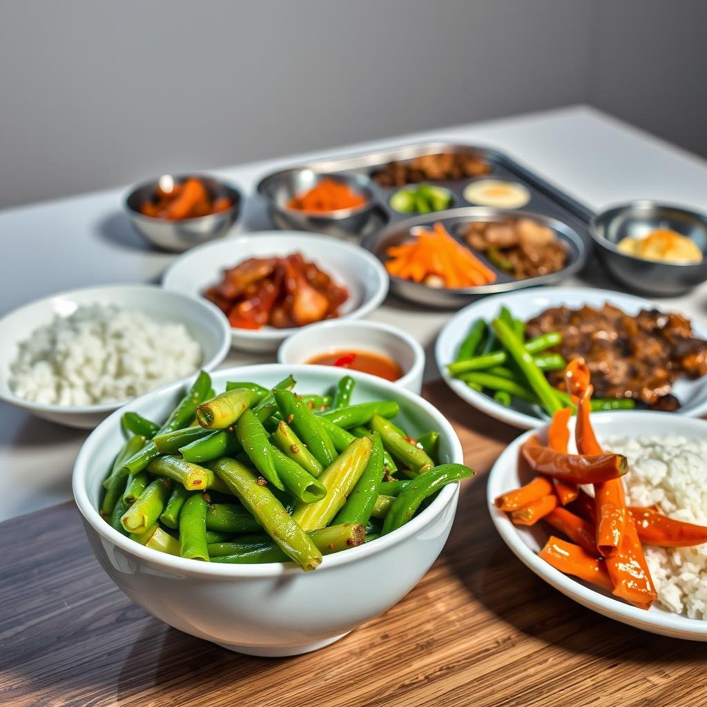 A well-lit table setting showcasing an array of Korean dishes featuring vibrant green bean kimchi. In the foreground, a white ceramic bowl overflows with the fermented vegetable, its tangy aroma filling the air. Alongside it, a plate of grilled bulgogi with caramelized edges, accented by a side of steamed rice. In the middle ground, a traditional metal banchan tray holds an assortment of savory and pickled accompaniments, each dish a study in texture and flavor. The background features a minimalist backdrop, allowing the colors and compositions of the Korean cuisine to take center stage, capturing the essence of this probiotic-rich staple in the heart of Korean culinary tradition.