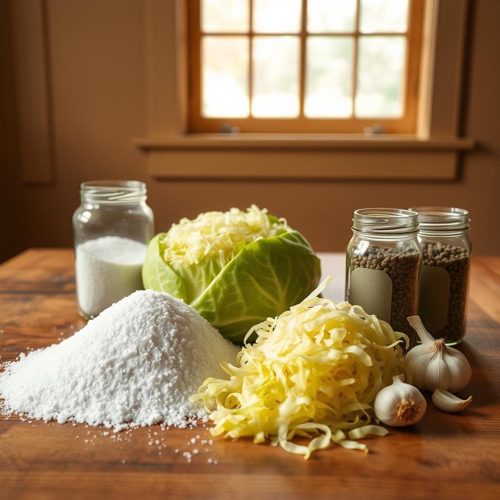 A wooden table set with the essential ingredients for homemade sauerkraut: a head of green cabbage, freshly grated, alongside a mound of coarse salt, a jar of caraway seeds, and a few cloves of garlic. Overhead, warm, natural lighting from a large window casts a soft, inviting glow. The arrangement is simple yet evocative, highlighting the humble, rustic nature of this traditional fermented dish. The focus is on the ingredients themselves, emphasizing their quality and the care required to craft authentic sauerkraut at home.