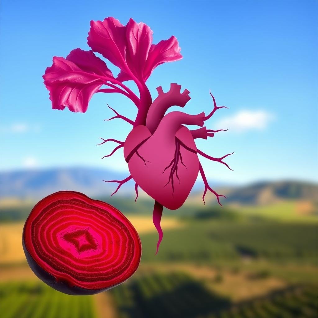 An elegant illustration of the cardiovascular benefits of beets, captured in a detailed, photorealistic rendering. In the foreground, a vibrant, cross-sectional view of a beet, its deep crimson hues and intricate patterns illuminated by soft, natural lighting. In the middle ground, a stylized representation of the heart, its chambers and vessels depicted with anatomical precision, surrounded by a network of branching arteries. In the background, a serene, blurred landscape of rolling hills and a clear, azure sky, creating a sense of harmony and balance. The overall composition conveys the synergistic relationship between the nutritional properties of fermented beets and their positive impact on cardiovascular health.
