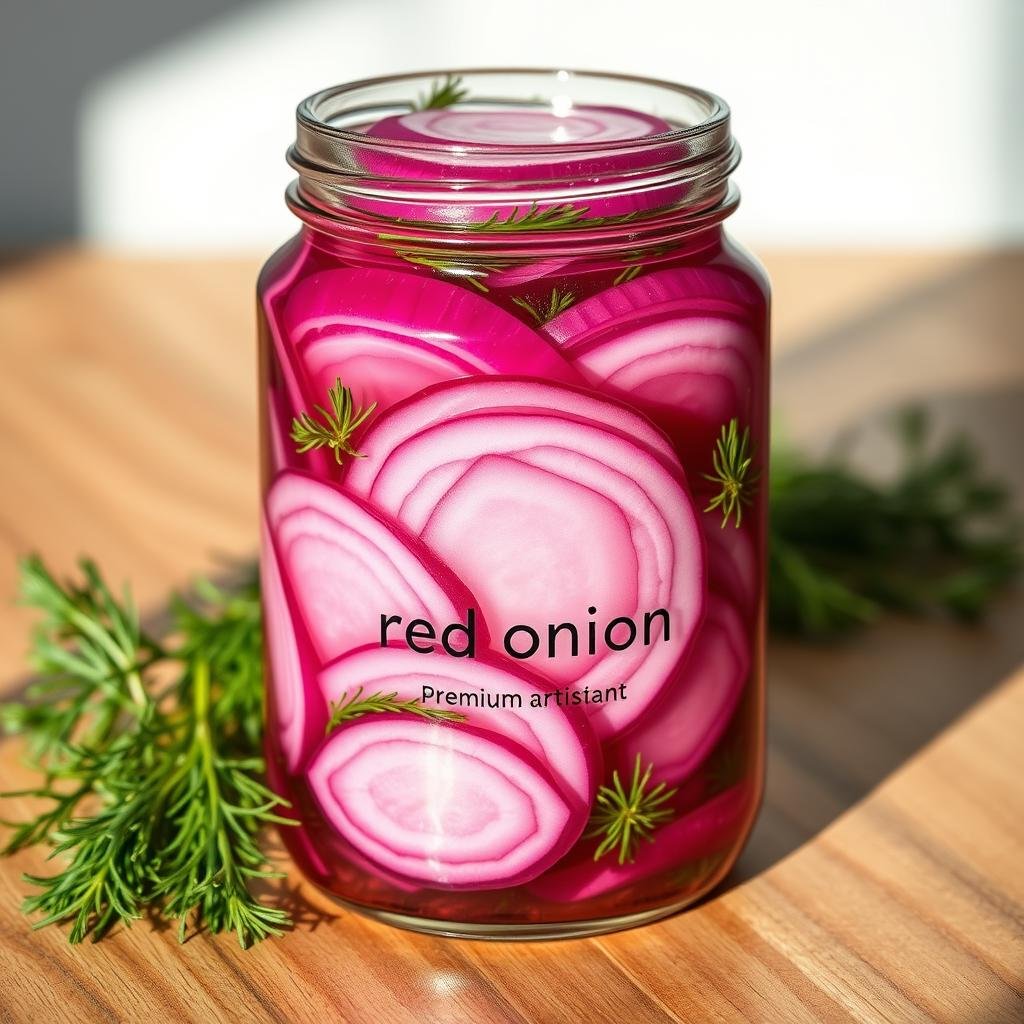 Closeup of glass jar filled with store-bought pickled red onion slices, resting on wooden surface. Onions have a vibrant purple-red hue, surrounded by a clear brine with sprigs of fresh dill. Bright natural lighting illuminates the scene, casting gentle shadows. The jar's label features simple typography and minimalist design, conveying a premium artisanal product. The overall composition evokes a high-quality, gourmet food item ready to be showcased and savored.