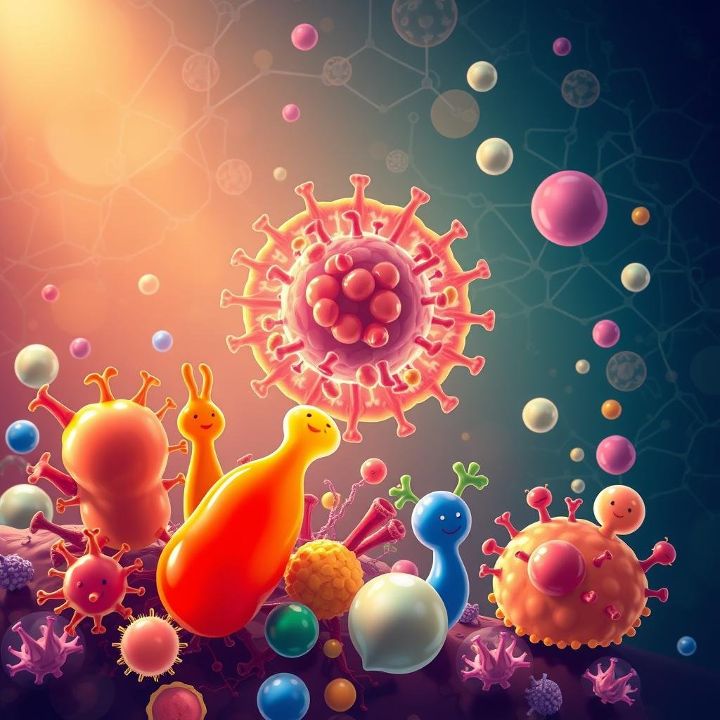 Detailed illustration of the benefits of probiotics for the human immune system. Vibrant, colorful, and scientifically accurate. Foreground shows a group of friendly probiotic bacteria in various shapes and sizes, each with a distinct personality. Middle ground depicts a human immune cell, with its intricate structure and key components highlighted. Background features a stylized visual representation of the gut microbiome, with interconnected networks of microorganisms and a soothing, earthy color palette. Lighting is soft and diffused, creating a sense of harmony and balance. The overall mood is one of scientific wonder and appreciation for the complex relationship between probiotics and immunity.