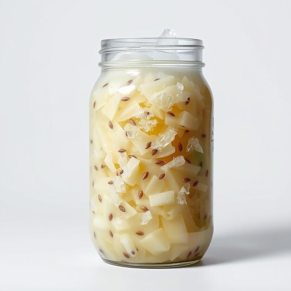 Freezing sauerkraut in a glass jar, lit from the side to capture the icy crystals forming on the surface. The sauerkraut appears slightly translucent, with flecks of caraway seeds visible within the fermented cabbage. The jar is set against a plain white background, creating a minimalist and clinical composition that emphasizes the subject. Subtle shadows and reflections add depth and dimension to the scene. The overall mood is one of preservation, with the frozen sauerkraut suggesting a method to extend its shelf life.