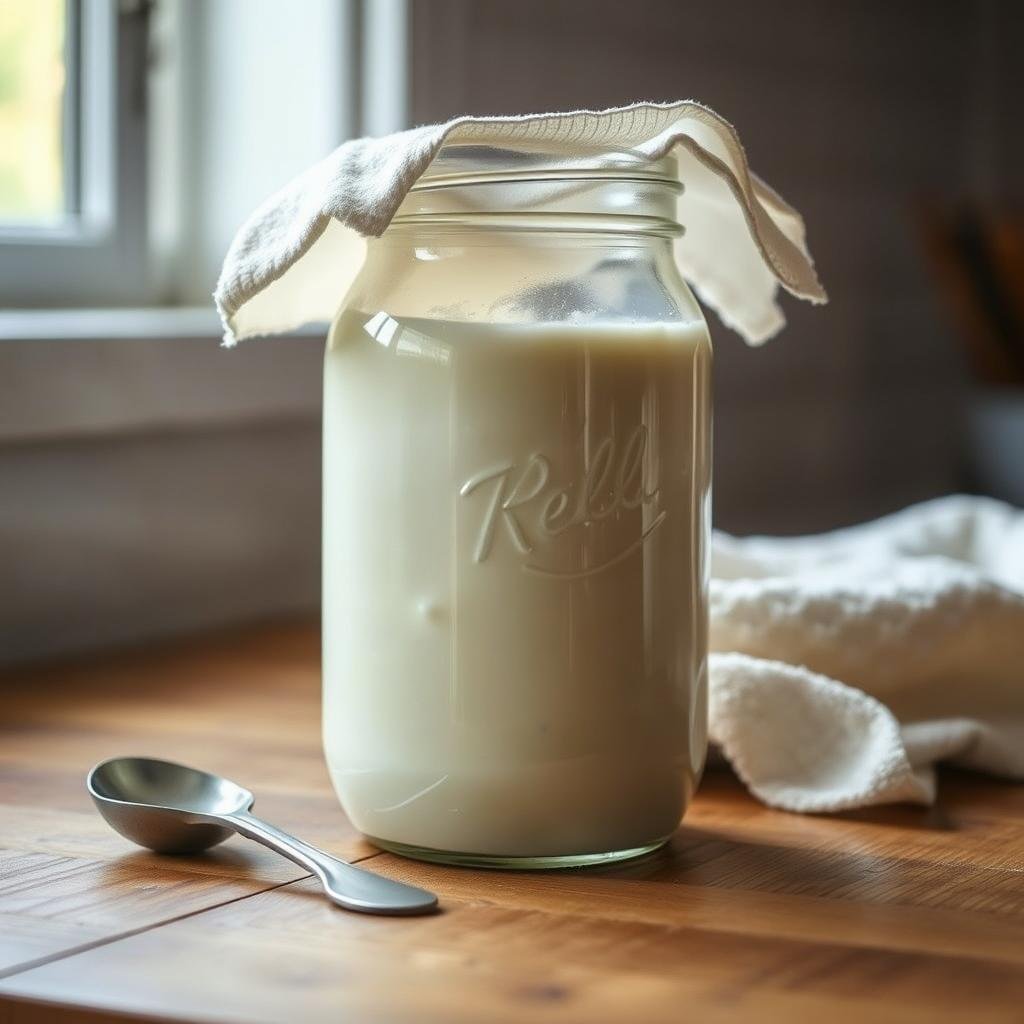 Storing homemade milk kefir on a wooden kitchen counter, with a glass jar filled with the milky, fermented liquid and the kefir grains floating inside. A small spoon rests next to the jar, and a cloth or paper towel covers the top. The scene is illuminated by natural light filtering in through a nearby window, casting a warm, soft glow on the contents. The composition showcases the simplicity and functionality of storing the kefir, with a focus on the key elements - the jar, the grains, and the storage method. The overall mood is one of calm, domestic tranquility, reflecting the wholesome process of culturing and preserving this probiotic-rich, homemade dairy product.