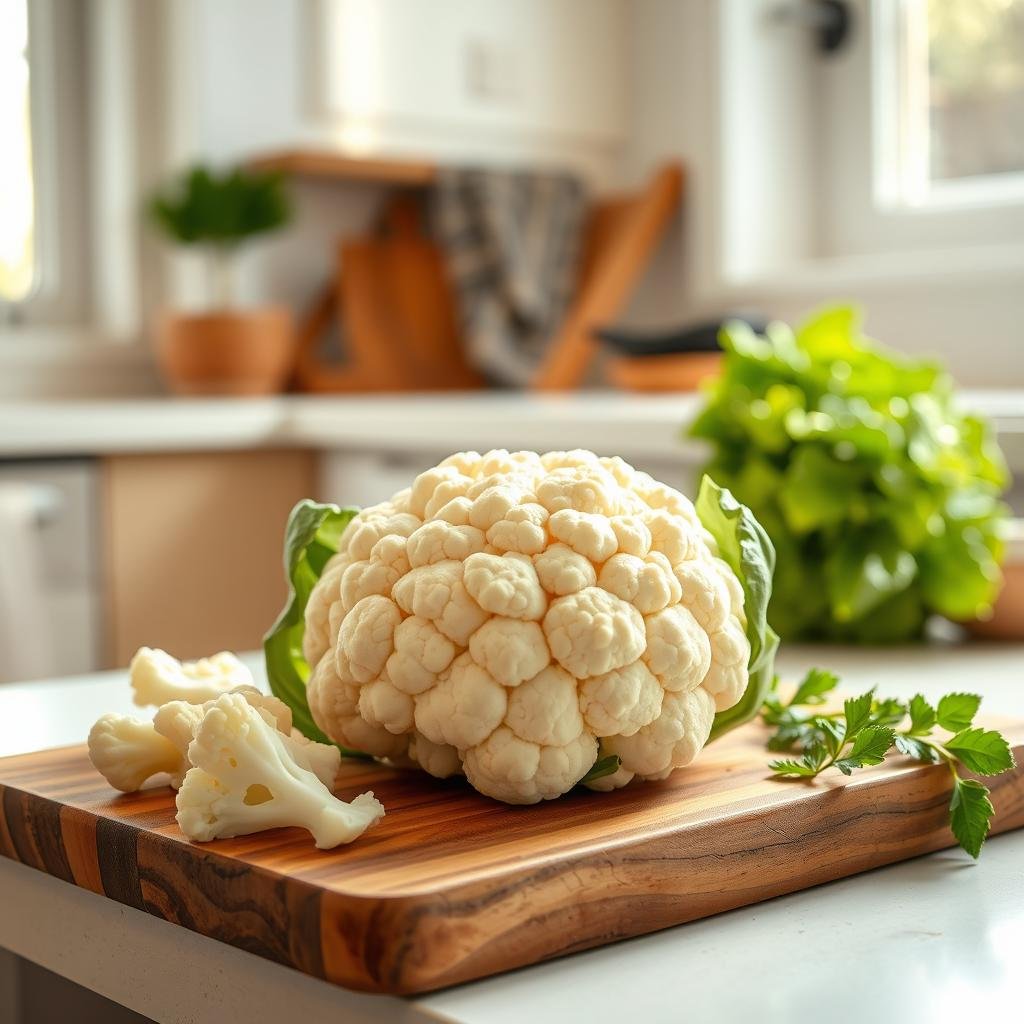 Washing and Cutting the Cauliflower: a bright and airy kitchen scene, with a freshly harvested cauliflower on a wooden cutting board. Warm natural light filters through a nearby window, casting a soft glow on the crisp white florets. Delicate hands carefully remove the leaves and core, revealing the tender inner florets. The knife glides precisely, slicing the cauliflower into bite-sized pieces, ready for the next step in the kimchi-making process. The arrangement is clean, organized, and inviting, setting the stage for a satisfying homemade probiotic creation.
