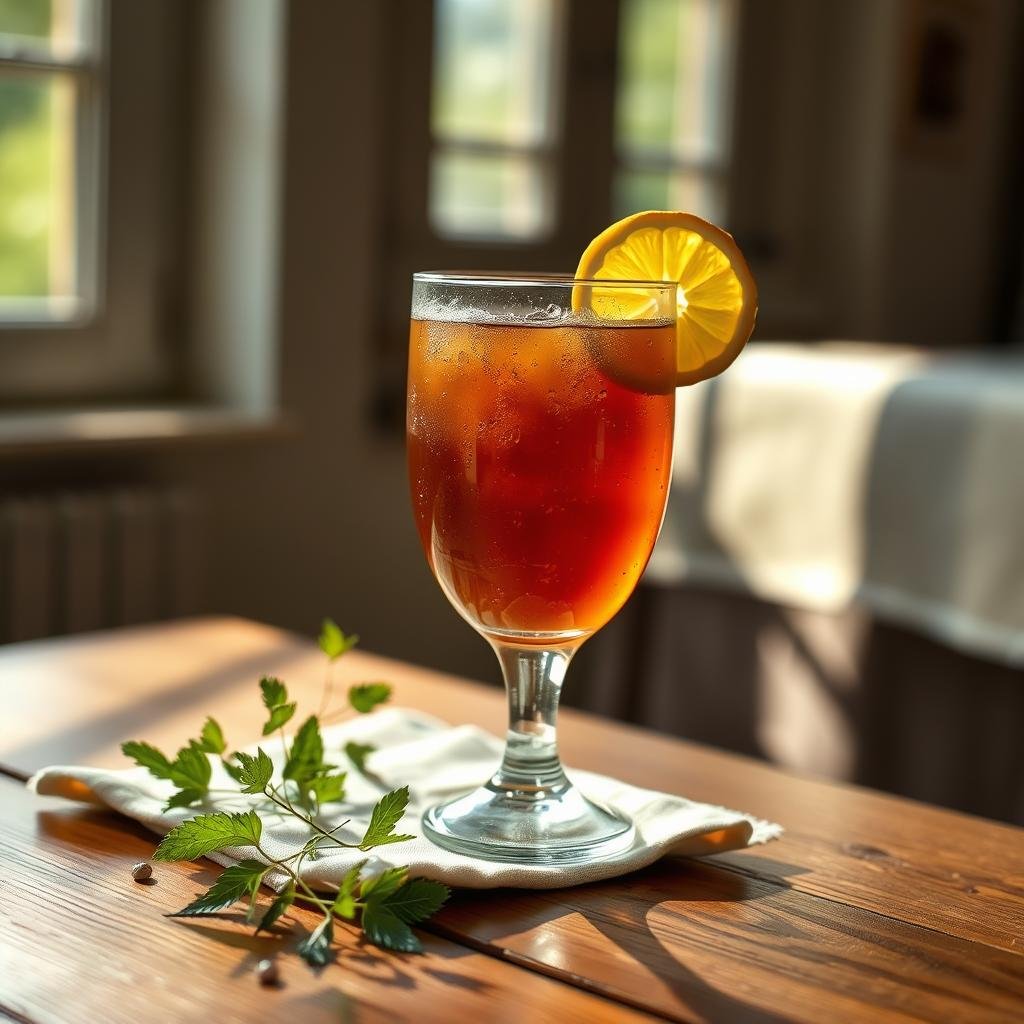 a detailed still life photograph of a glass of kvass on a wooden table, sunlight streaming through a window, casting warm shadows and highlights on the glass and table surface. The kvass has a rich brown color and visible bubbles, with a slice of lemon or lime on the rim of the glass. The table is covered in a natural linen cloth, and there are a few sprigs of fresh herbs, such as mint or parsley, arranged around the glass. The overall scene conveys the health benefits and digestive properties of kvass in a natural, inviting way.