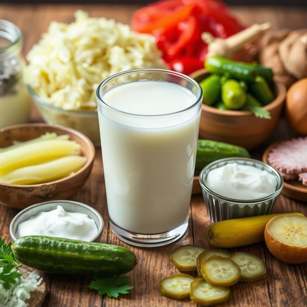 a glass of homemade kefir drink, filled with active lactobacillus bacteria cultures, on a wooden table surrounded by other fermented foods like sauerkraut, pickles, and yogurt. Bright, natural lighting illuminates the scene, showcasing the vibrant colors and textures of the probiotic-rich ingredients. The overall composition has a rustic, wholesome feel, emphasizing the health benefits and artisanal nature of these traditional lacto-fermented foods.