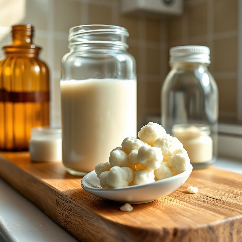 Close-up of a jar of creamy kefir with clumps, spoon, and warm kitchen light; explores how does bacteria in kefir form.