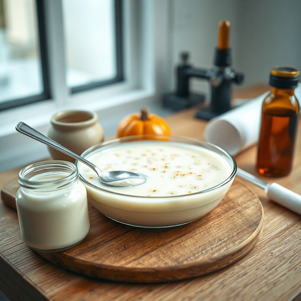 Clinical still life featuring a gel dish with bacteria, yogurt, and fermented cabbage, exploring which bacteria is healthy for your guts.