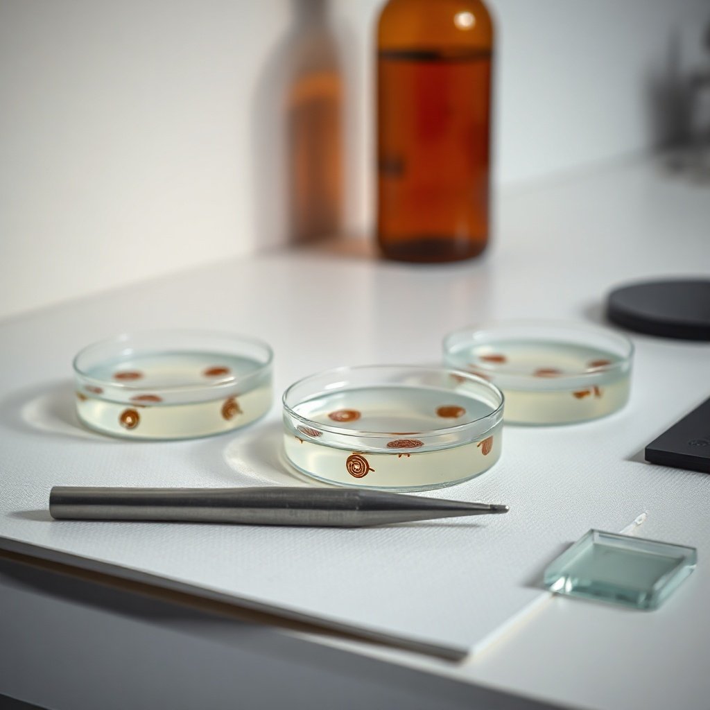 Clinical still life of agar dishes with rust-brown colonies; explores if helicobacter pylori is bad for your guts.